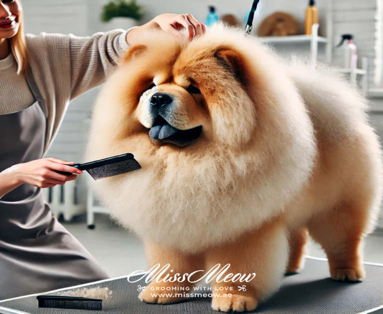 Fluffy chow chow dog being groomed with professional groomer brushing its thick luxurious coat