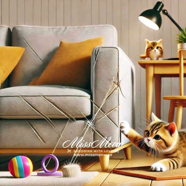 Mischievous cat caught mid action scratching the corner of modern sofa in cozy living