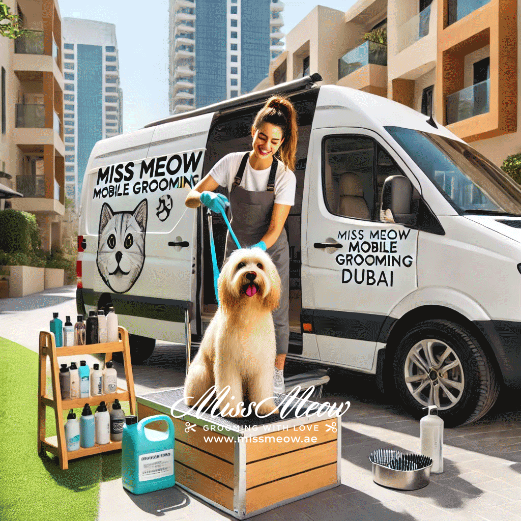 Professional mobile pet grooming service in Dubai for dogs featuring well maintained grooming van