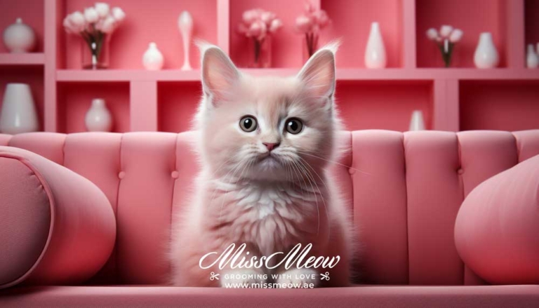 Cute kitten sitting sofa staring camera playing by artificial