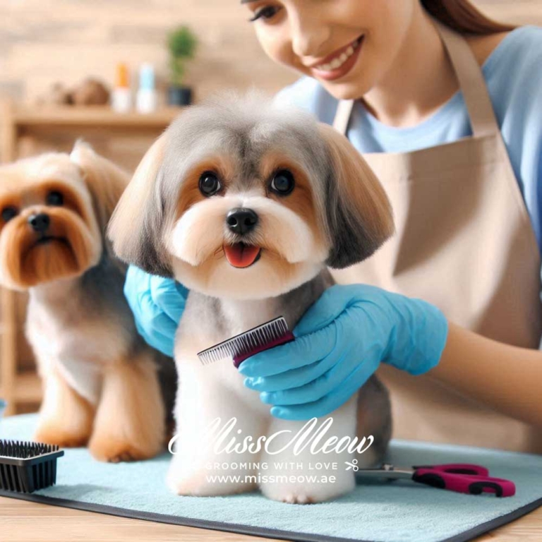 Cute pets during grooming at home by an expert groomer