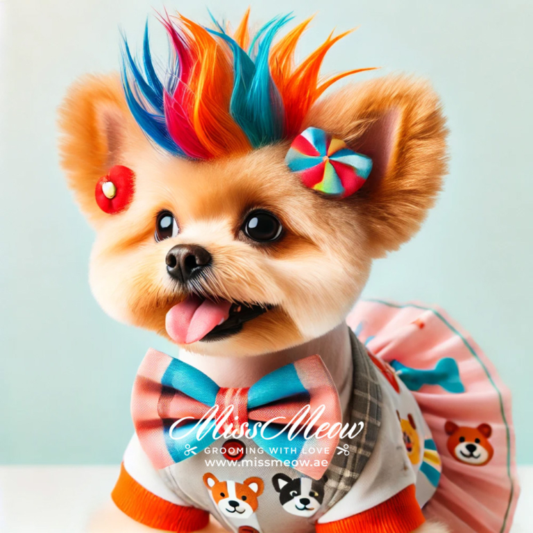 Cute dog or cat dressed in fun fashionable outfit with creative and funny grooming