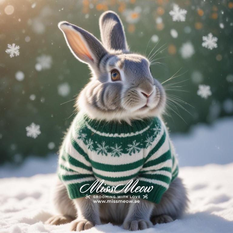 Film photography fluffy grey rabbit dressed
