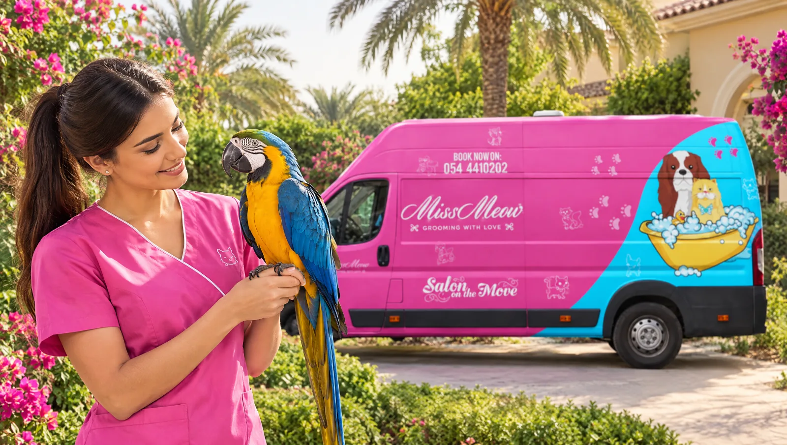Miss Meow groomer with a blue-and-gold macaw parrot beside the pink mobile grooming van in a Dubai villa garden