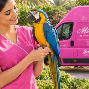 Blue-and-gold macaw perched on a Miss Meow groomer's hand