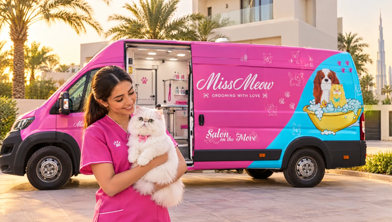 Miss Meow groomer holding a freshly groomed white Persian cat in front of the pink mobile grooming van at a Dubai villa