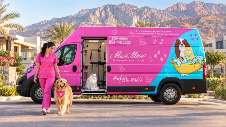 Groomer walking a groomed Golden Retriever next to the Miss Meow grooming van in Ras Al Khaimah with the Hajar mountains behind