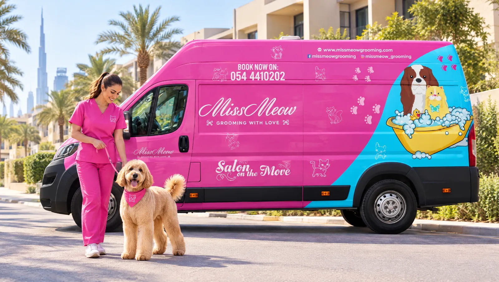 Groomer walking a freshly groomed golden doodle next to the Miss Meow mobile dog grooming van in Dubai