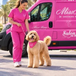 Freshly groomed golden doodle with a Miss Meow groomer in Dubai