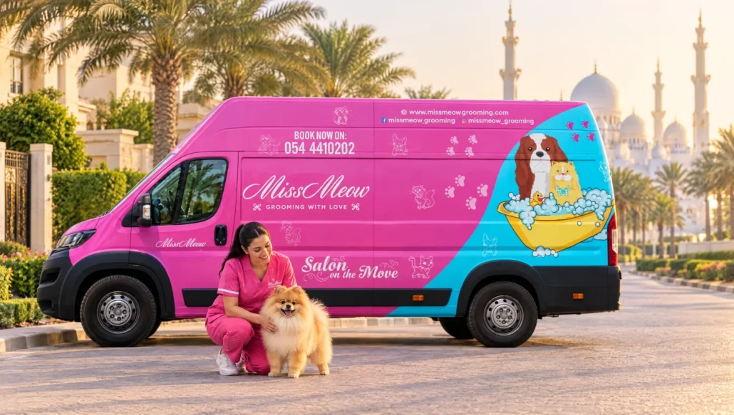 Miss Meow groomer with a groomed Pomeranian beside the pink mobile grooming van in Abu Dhabi, Sheikh Zayed Grand Mosque in the background
