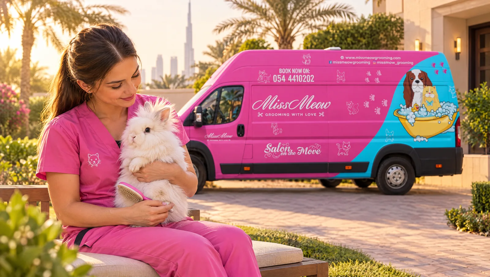 Groomer gently holding a fluffy white Lionhead rabbit with a brush in front of the Miss Meow mobile grooming van in Dubai